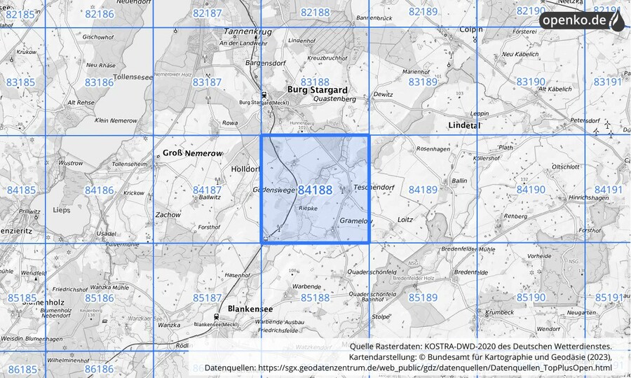 Übersichtskarte des KOSTRA-DWD-2020-Rasterfeldes Nr. 84188