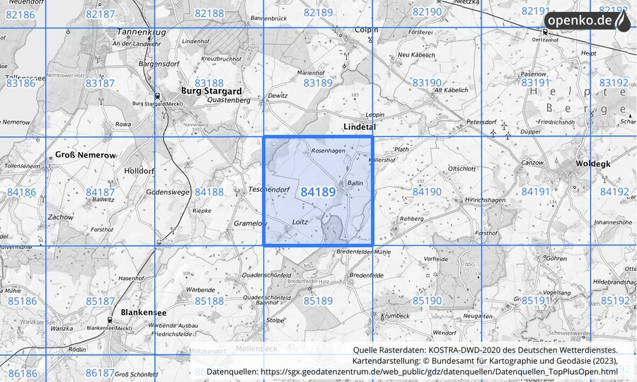Übersichtskarte des KOSTRA-DWD-2020-Rasterfeldes Nr. 84189