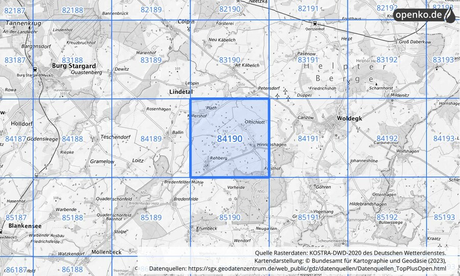 Übersichtskarte des KOSTRA-DWD-2020-Rasterfeldes Nr. 84190