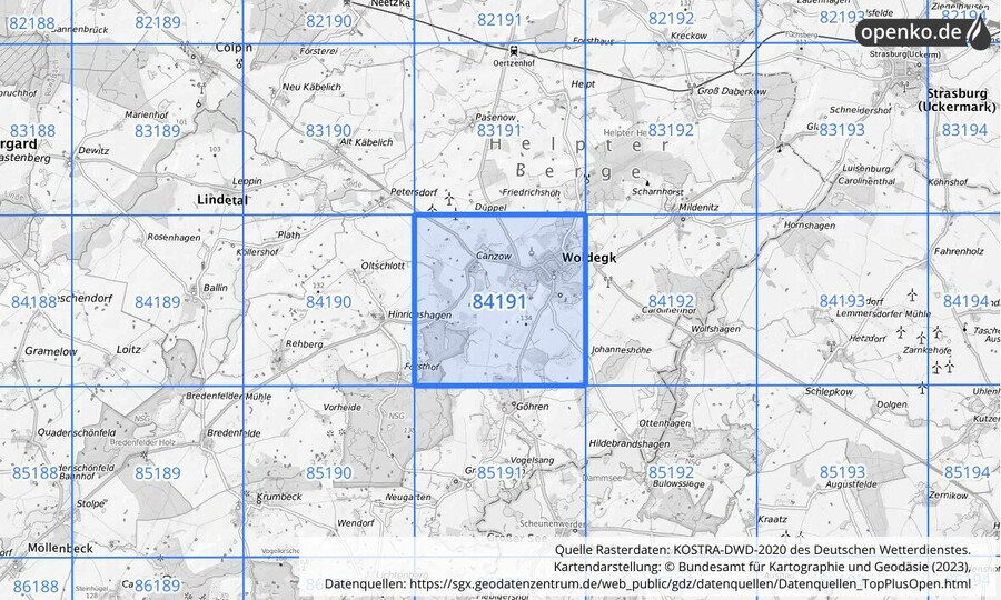 Übersichtskarte des KOSTRA-DWD-2020-Rasterfeldes Nr. 84191