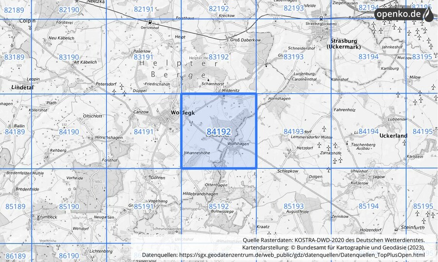 Übersichtskarte des KOSTRA-DWD-2020-Rasterfeldes Nr. 84192