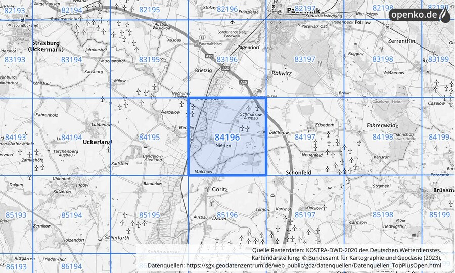 Übersichtskarte des KOSTRA-DWD-2020-Rasterfeldes Nr. 84196
