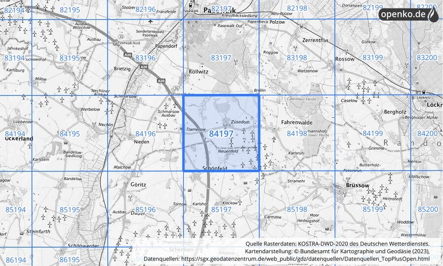 Übersichtskarte des KOSTRA-DWD-2020-Rasterfeldes Nr. 84197