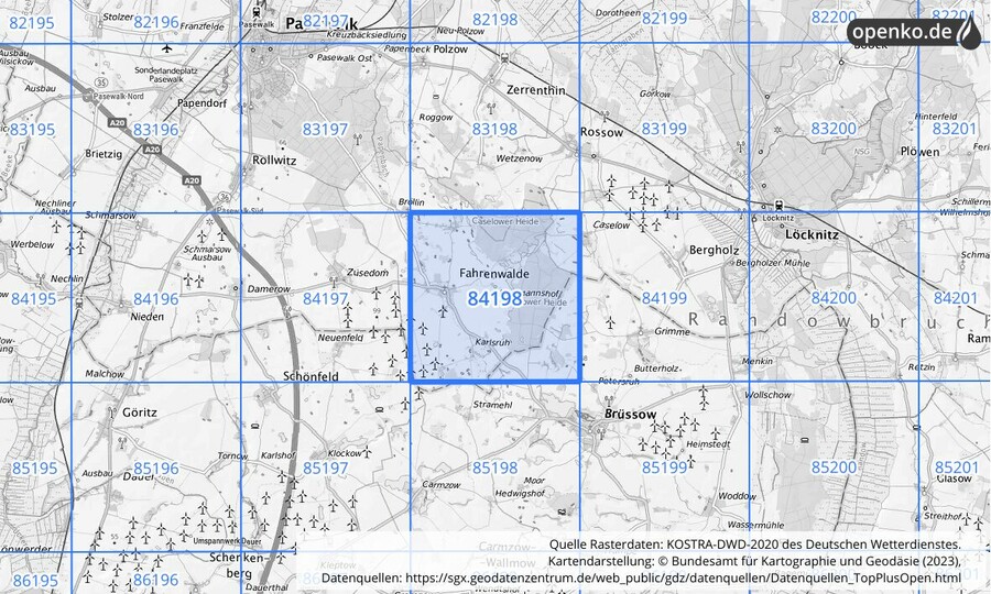 Übersichtskarte des KOSTRA-DWD-2020-Rasterfeldes Nr. 84198