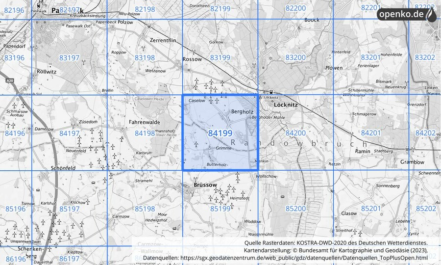 Übersichtskarte des KOSTRA-DWD-2020-Rasterfeldes Nr. 84199