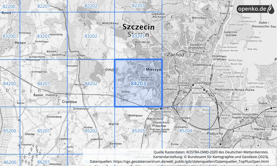 Übersichtskarte des KOSTRA-DWD-2020-Rasterfeldes Nr. 84203