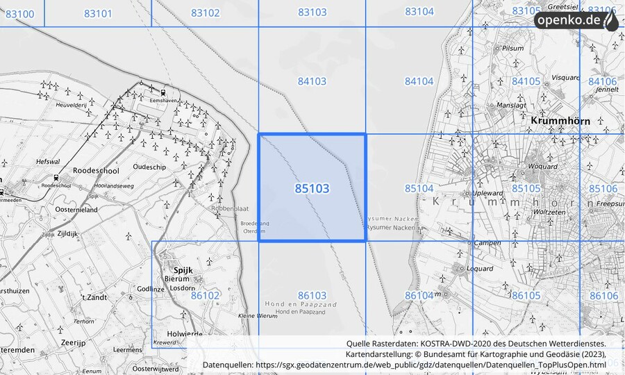 Übersichtskarte des KOSTRA-DWD-2020-Rasterfeldes Nr. 85103