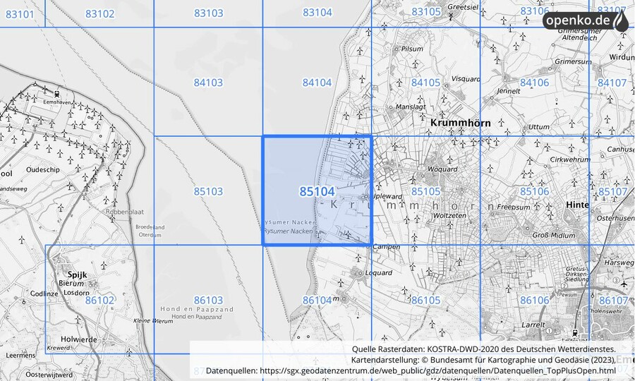 Übersichtskarte des KOSTRA-DWD-2020-Rasterfeldes Nr. 85104