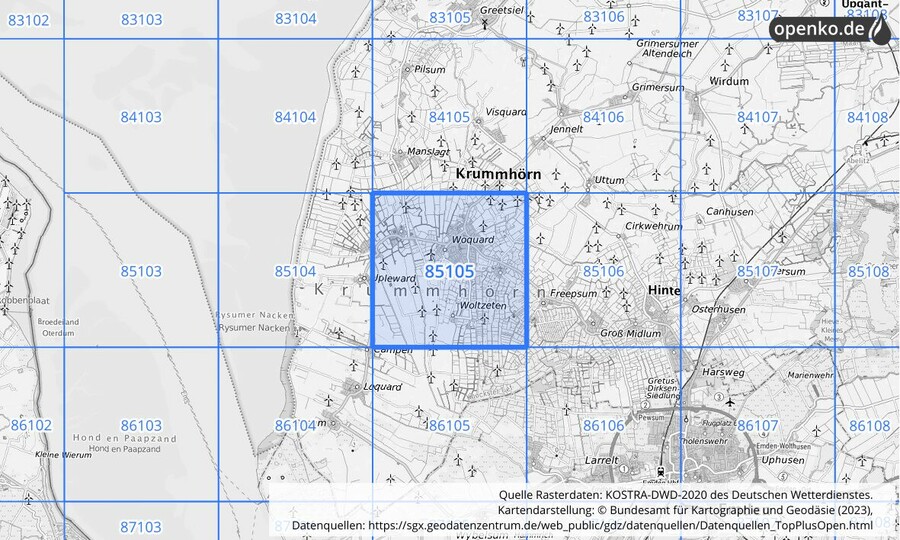 Übersichtskarte des KOSTRA-DWD-2020-Rasterfeldes Nr. 85105