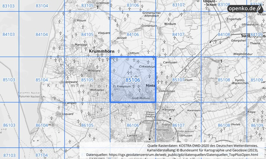 Übersichtskarte des KOSTRA-DWD-2020-Rasterfeldes Nr. 85106