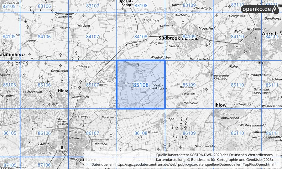 Übersichtskarte des KOSTRA-DWD-2020-Rasterfeldes Nr. 85108