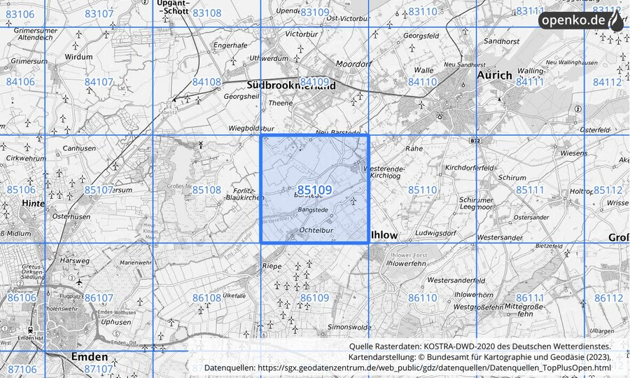 Übersichtskarte des KOSTRA-DWD-2020-Rasterfeldes Nr. 85109