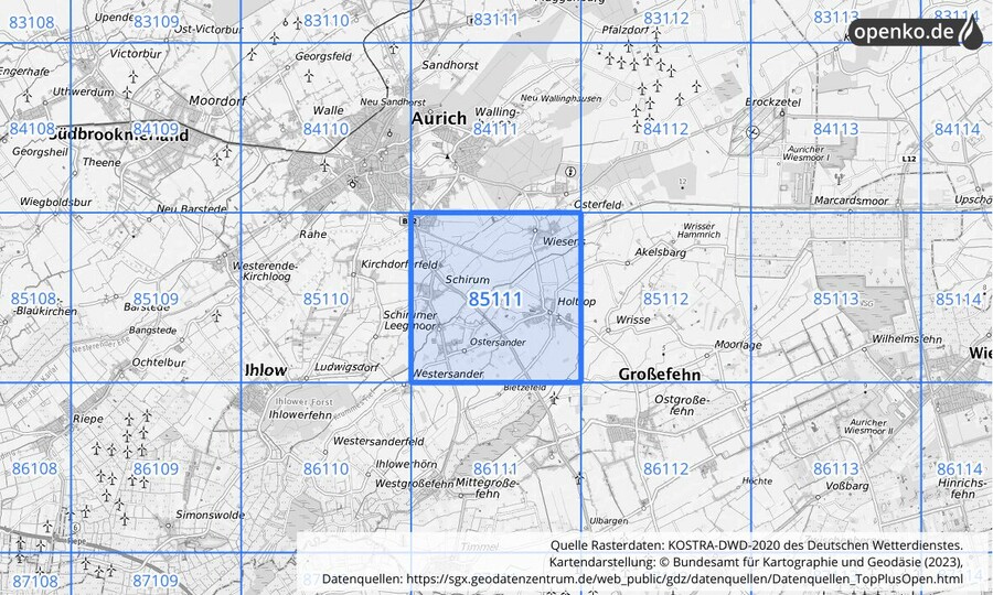 Übersichtskarte des KOSTRA-DWD-2020-Rasterfeldes Nr. 85111