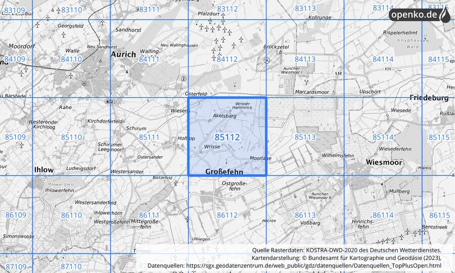 Übersichtskarte des KOSTRA-DWD-2020-Rasterfeldes Nr. 85112