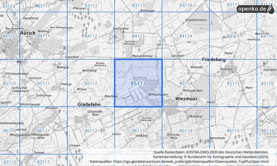 Übersichtskarte des KOSTRA-DWD-2020-Rasterfeldes Nr. 85113