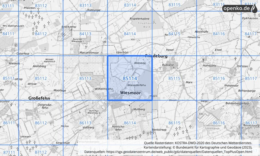 Übersichtskarte des KOSTRA-DWD-2020-Rasterfeldes Nr. 85114