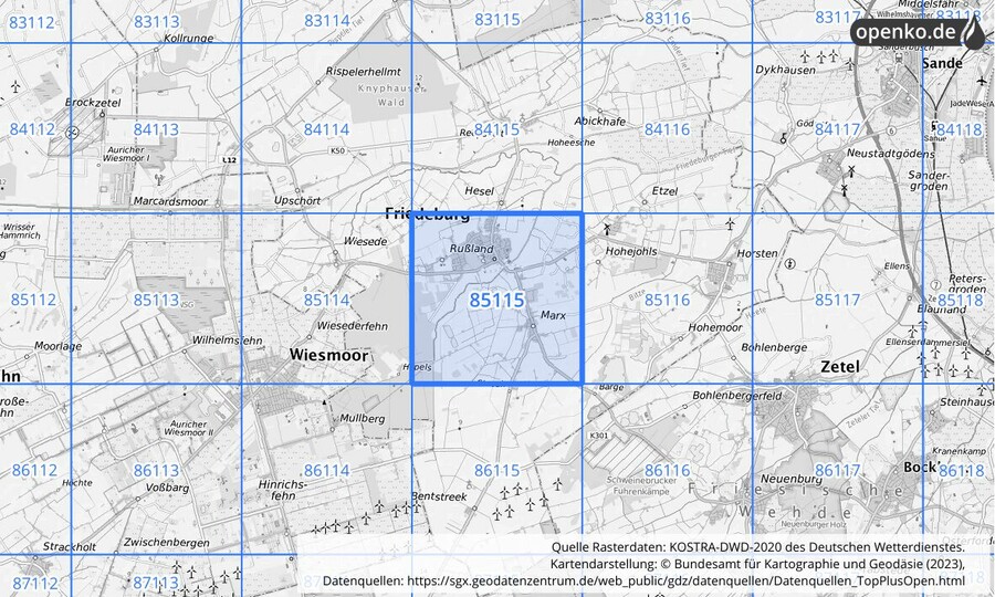 Übersichtskarte des KOSTRA-DWD-2020-Rasterfeldes Nr. 85115