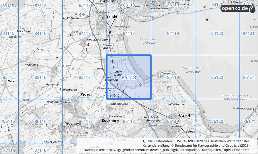 Übersichtskarte des KOSTRA-DWD-2020-Rasterfeldes Nr. 85118