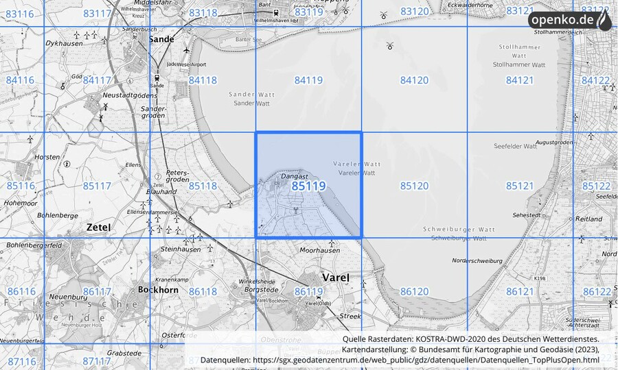 Übersichtskarte des KOSTRA-DWD-2020-Rasterfeldes Nr. 85119
