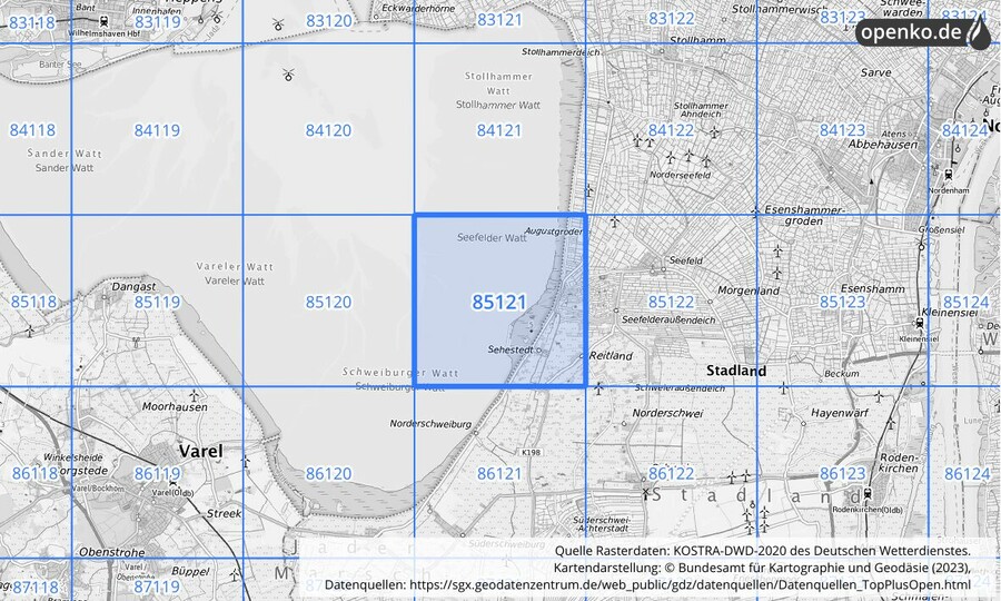 Übersichtskarte des KOSTRA-DWD-2020-Rasterfeldes Nr. 85121