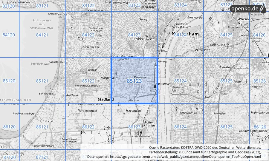 Übersichtskarte des KOSTRA-DWD-2020-Rasterfeldes Nr. 85123