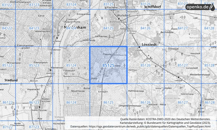 Übersichtskarte des KOSTRA-DWD-2020-Rasterfeldes Nr. 85125