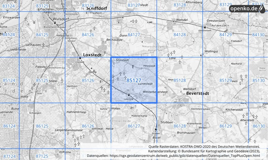 Übersichtskarte des KOSTRA-DWD-2020-Rasterfeldes Nr. 85127