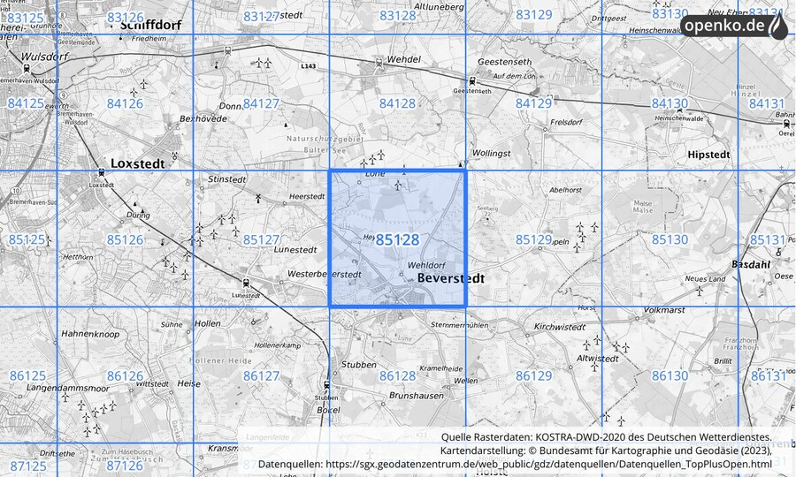 Übersichtskarte des KOSTRA-DWD-2020-Rasterfeldes Nr. 85128