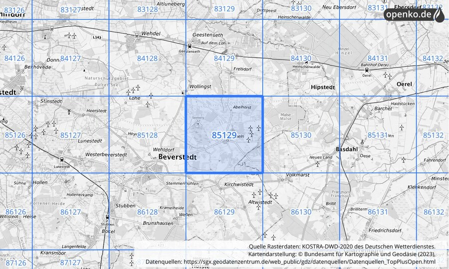 Übersichtskarte des KOSTRA-DWD-2020-Rasterfeldes Nr. 85129