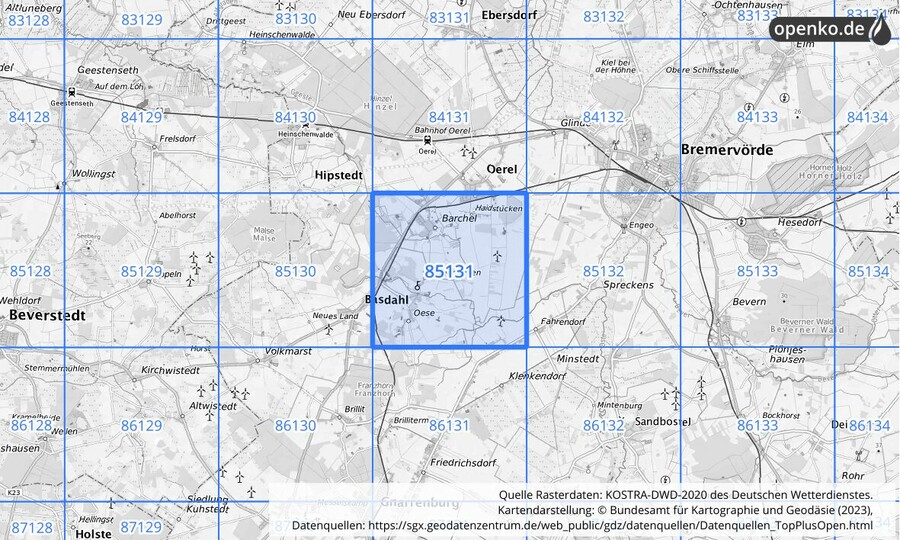 Übersichtskarte des KOSTRA-DWD-2020-Rasterfeldes Nr. 85131