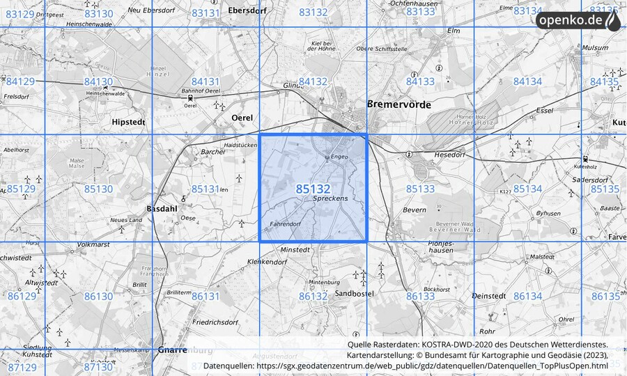 Übersichtskarte des KOSTRA-DWD-2020-Rasterfeldes Nr. 85132