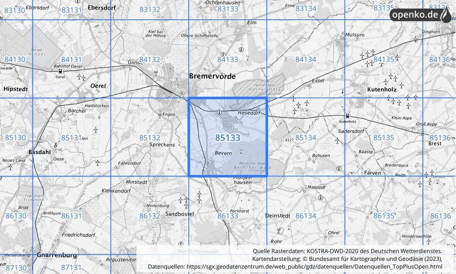 Übersichtskarte des KOSTRA-DWD-2020-Rasterfeldes Nr. 85133