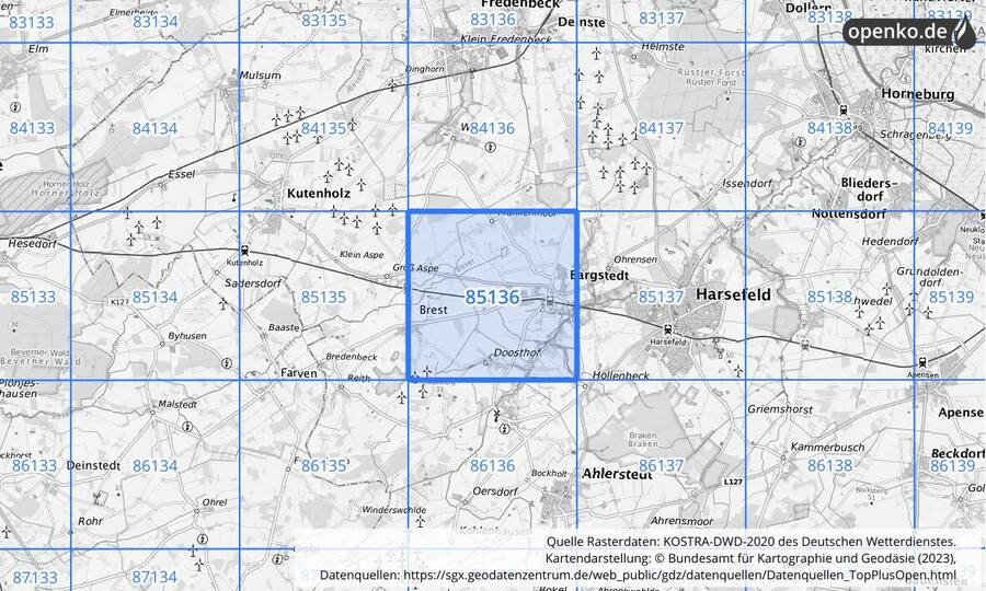 Übersichtskarte des KOSTRA-DWD-2020-Rasterfeldes Nr. 85136