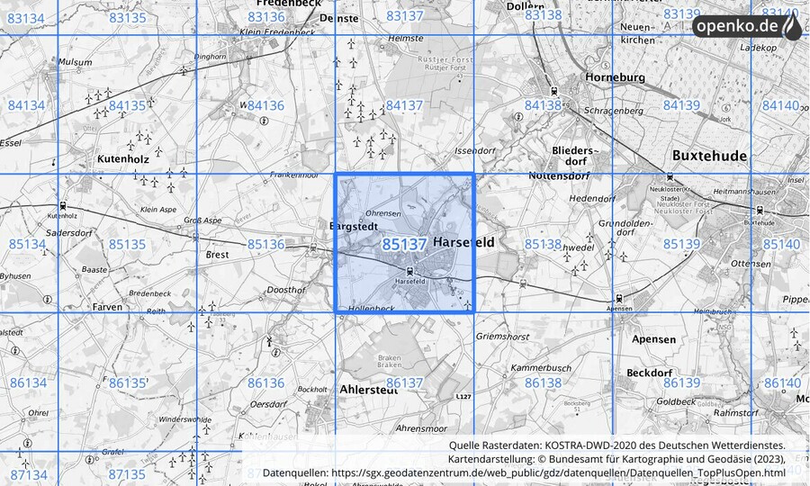 Übersichtskarte des KOSTRA-DWD-2020-Rasterfeldes Nr. 85137