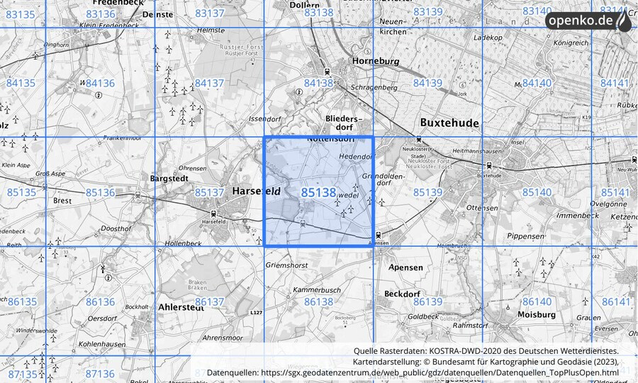 Übersichtskarte des KOSTRA-DWD-2020-Rasterfeldes Nr. 85138