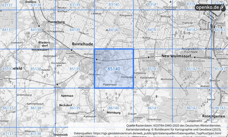 Übersichtskarte des KOSTRA-DWD-2020-Rasterfeldes Nr. 85140