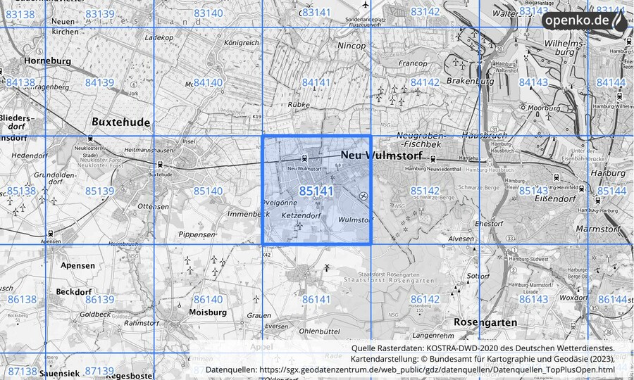 Übersichtskarte des KOSTRA-DWD-2020-Rasterfeldes Nr. 85141