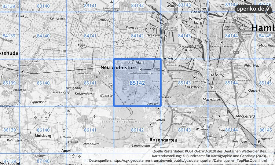 Übersichtskarte des KOSTRA-DWD-2020-Rasterfeldes Nr. 85142