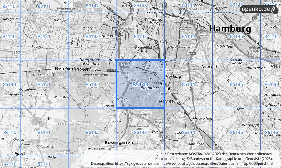 Übersichtskarte des KOSTRA-DWD-2020-Rasterfeldes Nr. 85143
