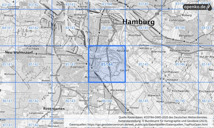 Übersichtskarte des KOSTRA-DWD-2020-Rasterfeldes Nr. 85144