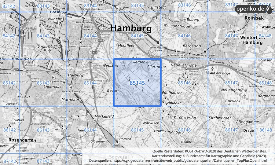 Übersichtskarte des KOSTRA-DWD-2020-Rasterfeldes Nr. 85145