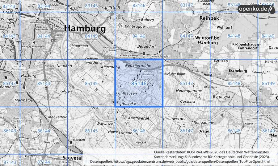 Übersichtskarte des KOSTRA-DWD-2020-Rasterfeldes Nr. 85146