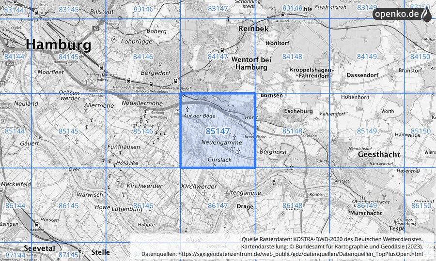 Übersichtskarte des KOSTRA-DWD-2020-Rasterfeldes Nr. 85147