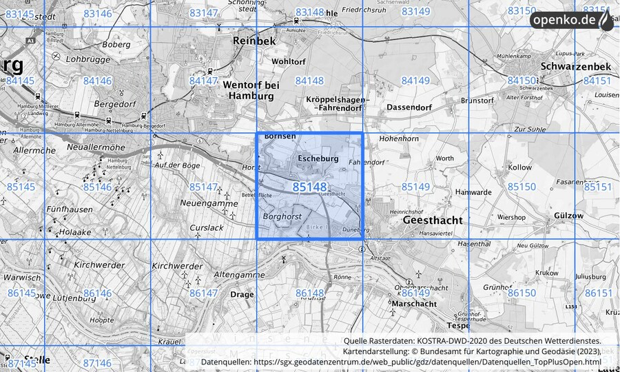 Übersichtskarte des KOSTRA-DWD-2020-Rasterfeldes Nr. 85148