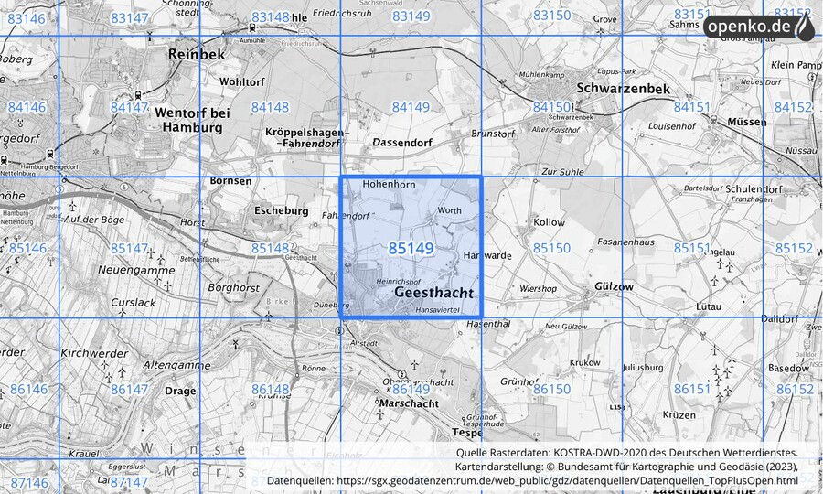 Übersichtskarte des KOSTRA-DWD-2020-Rasterfeldes Nr. 85149