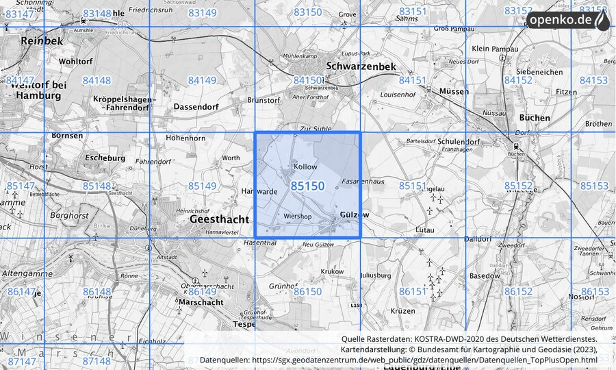 KOSTRA-DWD-2020 Rasterfeld Nr. 85150