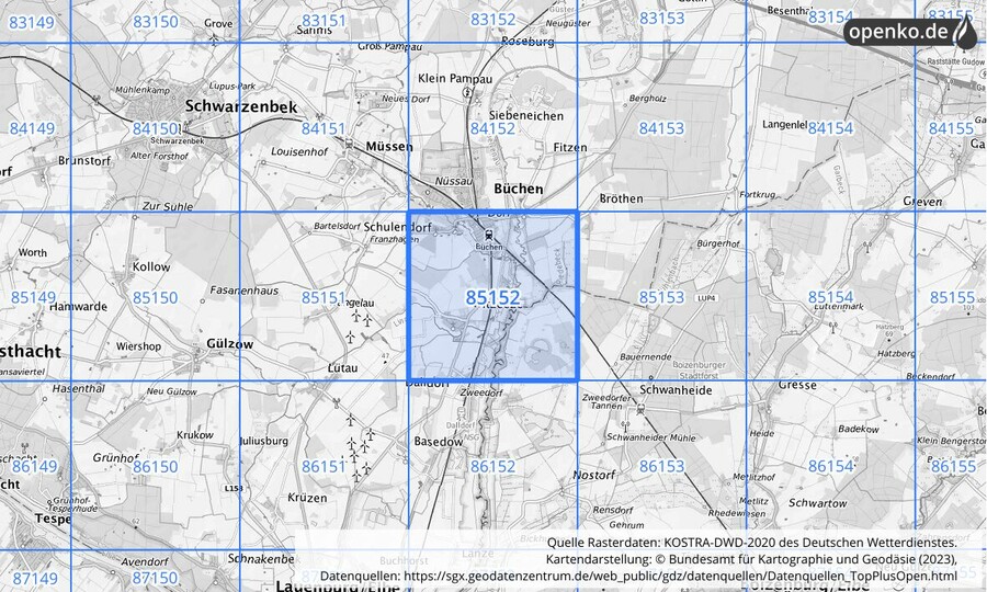 Übersichtskarte des KOSTRA-DWD-2020-Rasterfeldes Nr. 85152