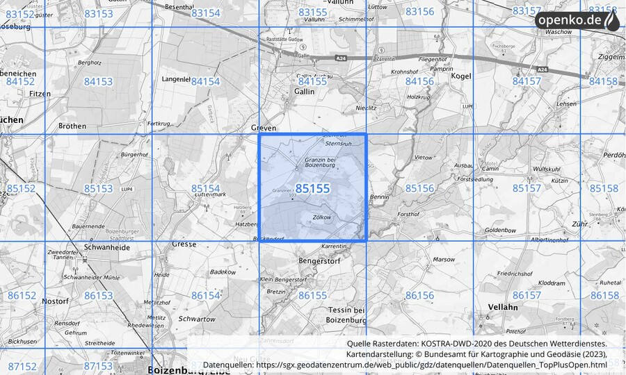 Übersichtskarte des KOSTRA-DWD-2020-Rasterfeldes Nr. 85155