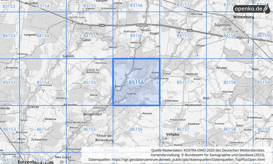 Übersichtskarte des KOSTRA-DWD-2020-Rasterfeldes Nr. 85156