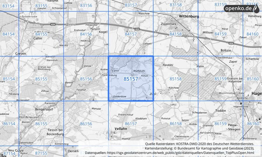 Übersichtskarte des KOSTRA-DWD-2020-Rasterfeldes Nr. 85157